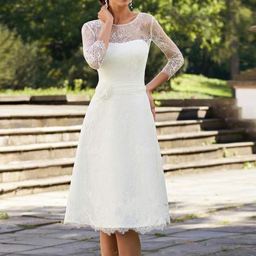 A-line short scoop bell flower lace zipper dress